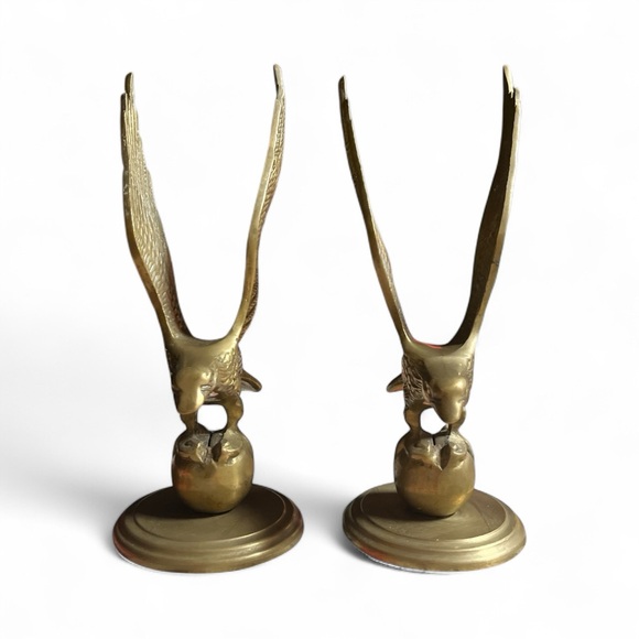 Vintage Brass Perching Eagle Statues-Set Of 2 - Picture 2 of 5